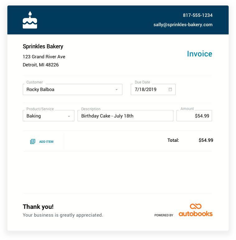 An example image of an Autobooks generated invoice that was sent to the fictional customer 'Rocky Balboa' from the fictional merchant Sprinkles Bakery in the amount of $54.99 for a birthday cake.